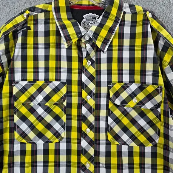 Akademiks Shirt Men's Plaid Yellow Black Button Up Long Sleeve AKDMKS Size 2XL - Picture 2 of 10